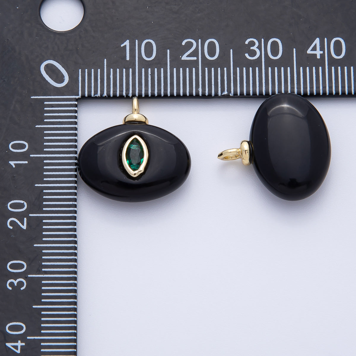18K Gold Filled 18mm Emerald Green Oval CZ Embedded Oval Black Agate Gemstone Drop Charm | AF1389