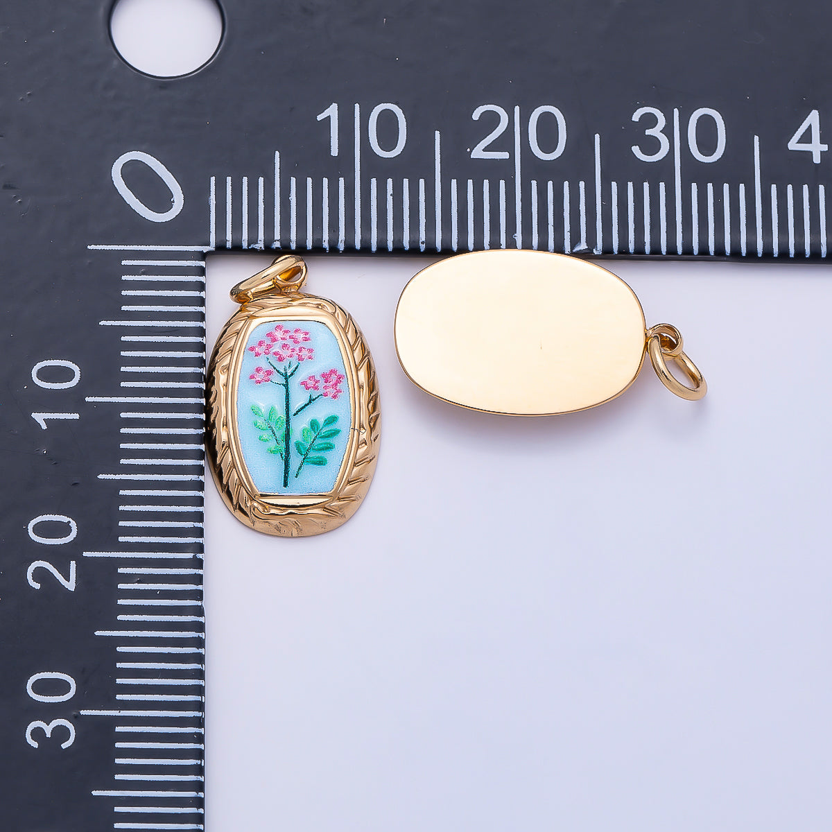 PVD Gold Stainless Steel Yellow, Blue Enamel Flower Artisan Bezel Oval Charm | Charms-01333 Charms-01334