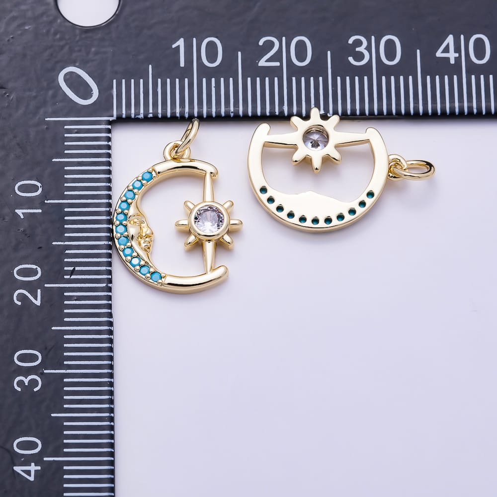 16K Gold Filled 18mm Turquoise CZ Celestial Crescent Moon & Starburst Charm | Charms-02165