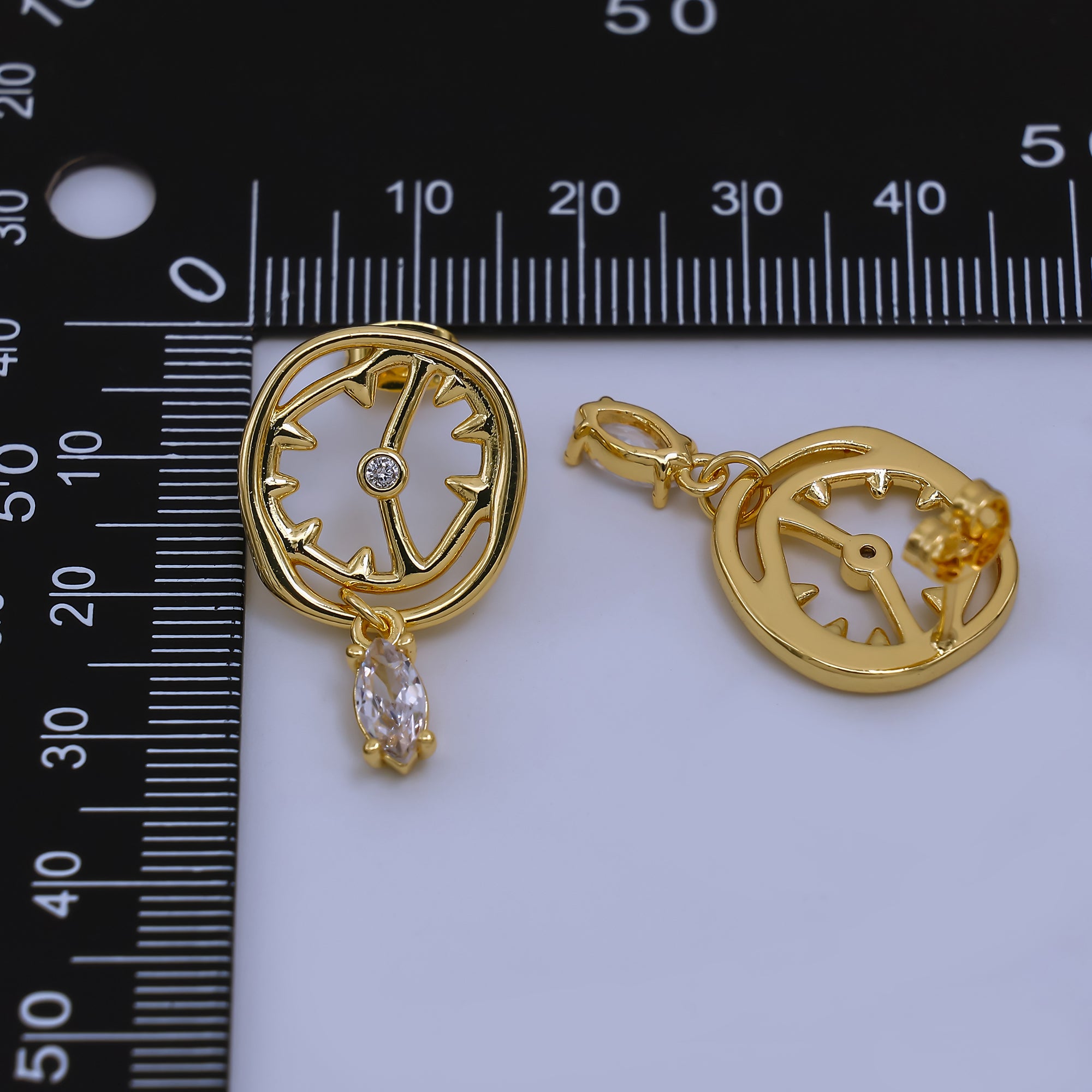 24K Gold Filled Marquise CZ Broken Clock Drop Stud Earrings | AJ-046