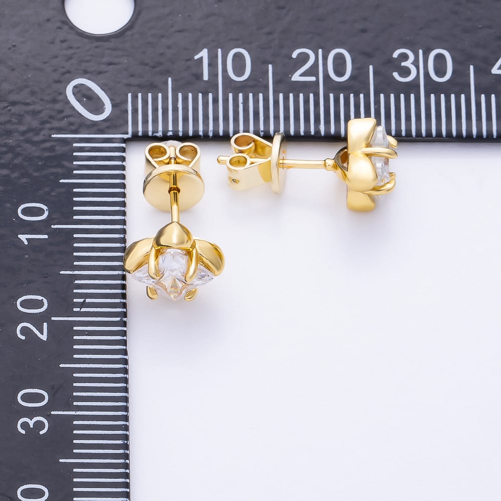 16K Gold Filled 18mm Clear CZ Four Petal Prong Bezel Solitaire Stud Earrings | Earrings-01237