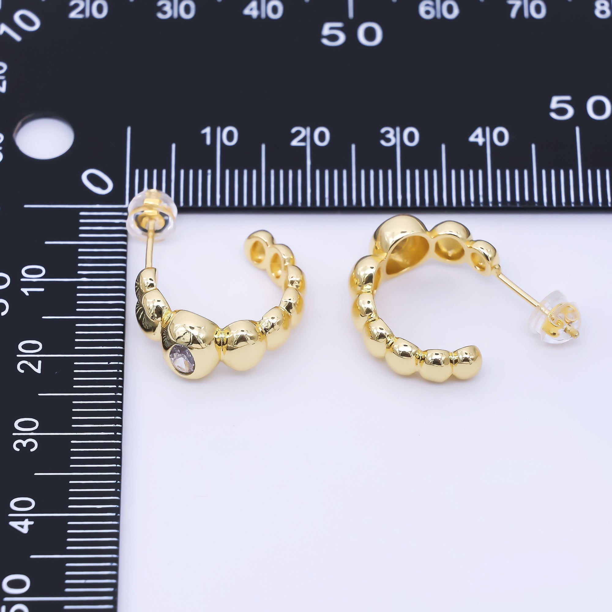 24K Gold Filled 18mm CZ Beaded Bubble C-Shaped Hoop Earrings | AI469