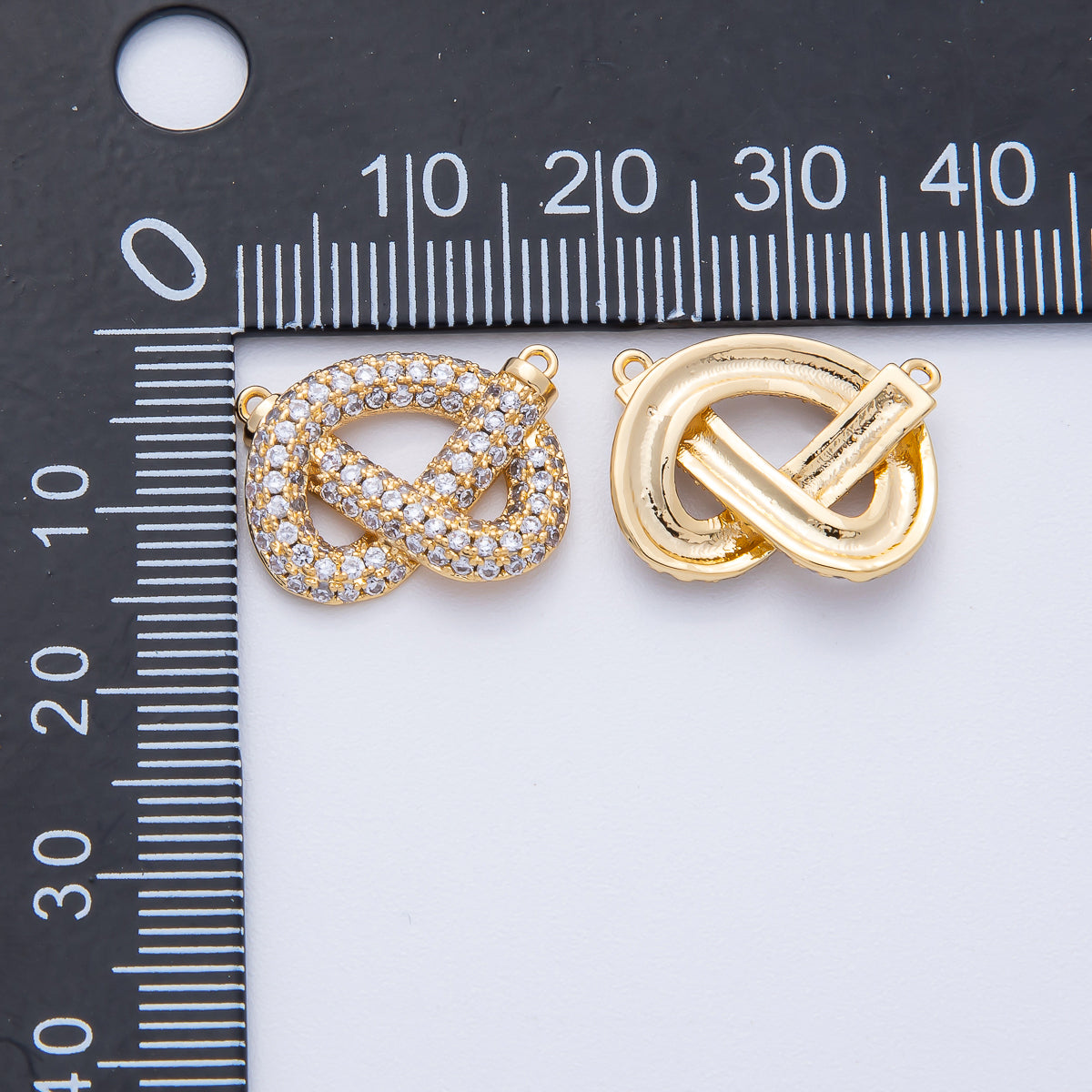18K Gold Filled 17mm Clear Micro Paved CZ Pretzel Pastry Food Connector Finding | CONNECTORS-00003