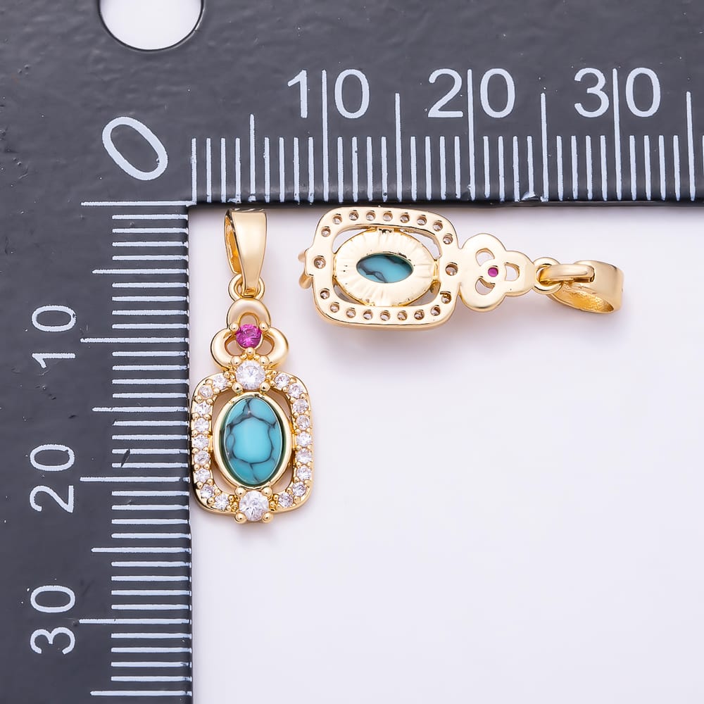 16K Gold Filled 18mm Turquoise Cabochon Micro Paved CZ Bezel Oval Pendant | Charms-02344 - Charms-02345