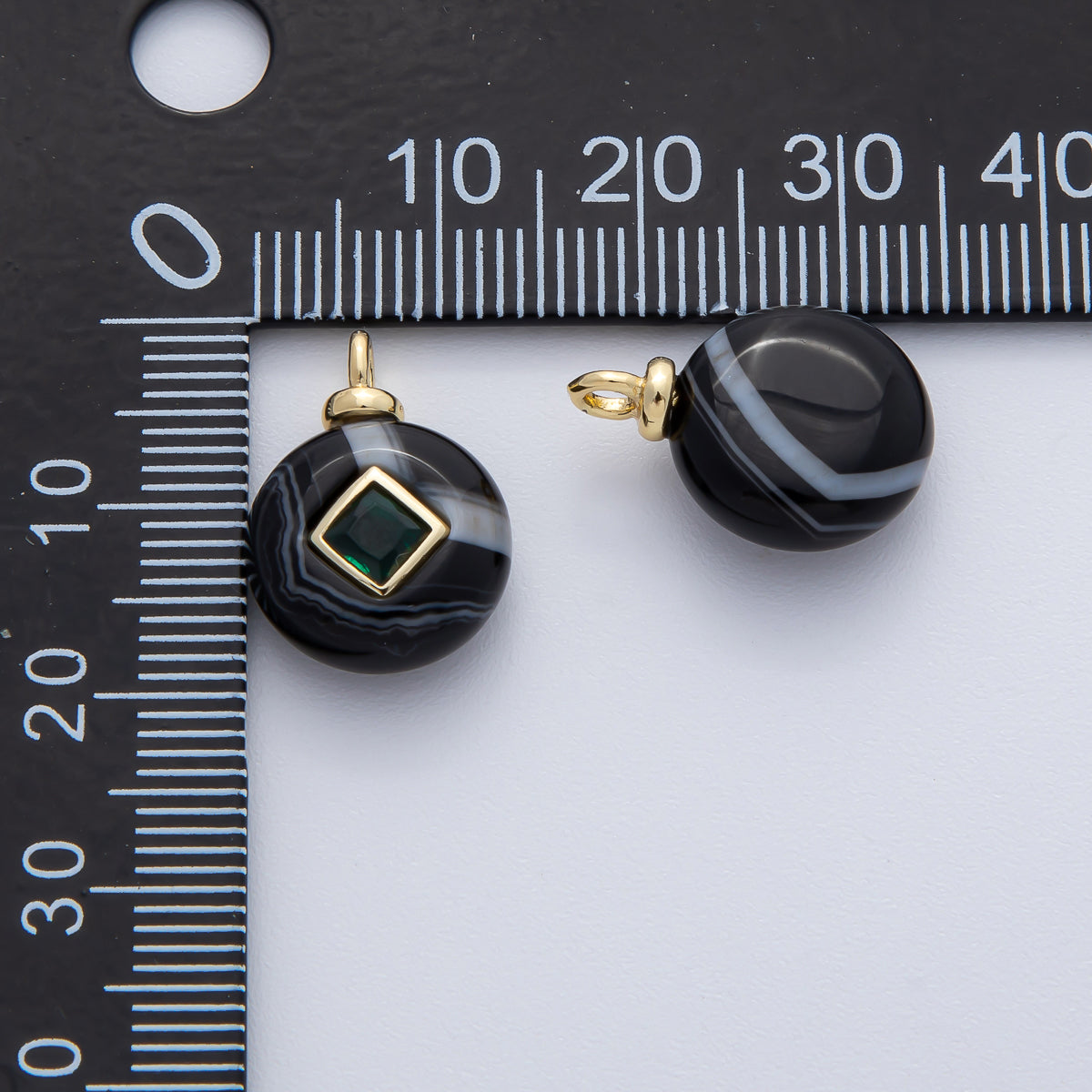 18K Gold Filled 18mm Black Agate with Emerald Green CZ Round Natural Gemstone Pendant | AF1449