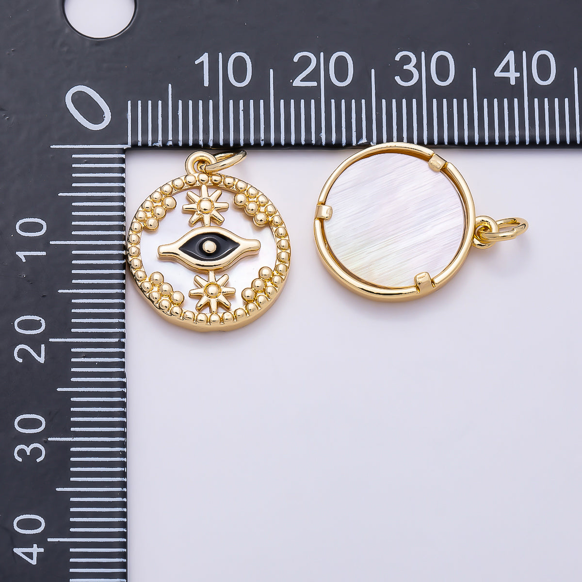 16K Gold Filled 18mm Star Evil Eye Black Enamel Shell Pearl Round Charm | Charms-01353