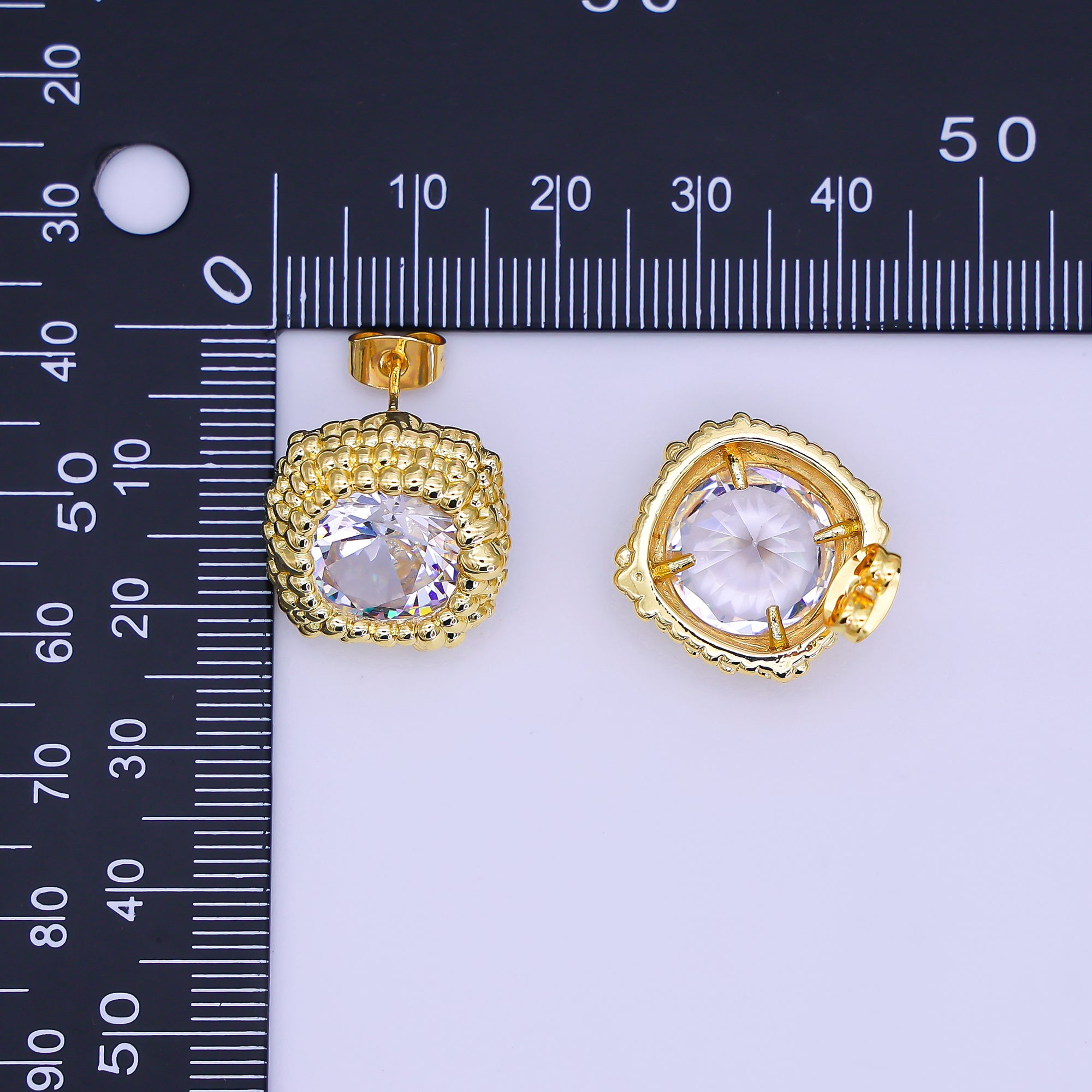 24K Gold Filled Clear CZ Bubble Dotted Bezel Square Stud Earrings | AI480