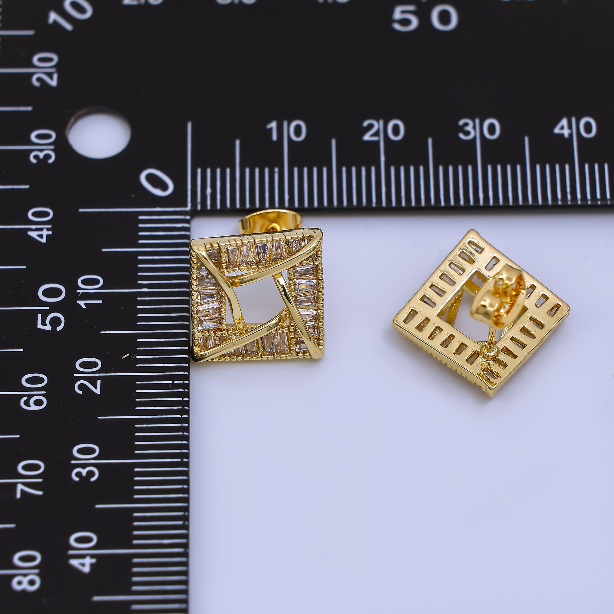 24K Gold Filled Baguette CZ Geometric Square Stud Earrings | AJ-044