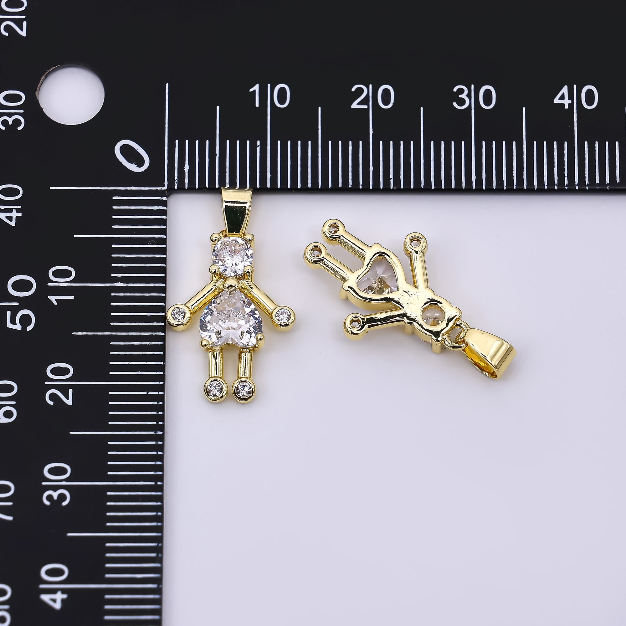 24K Gold Filled 18mm Heart-Shaped & Round CZ Woman Stickman Pendant | AH-535
