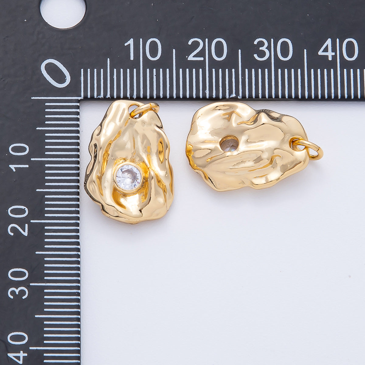 18K Gold Filled 18mm Clear Round CZ Hammered Molten Geometric Charm | AK197