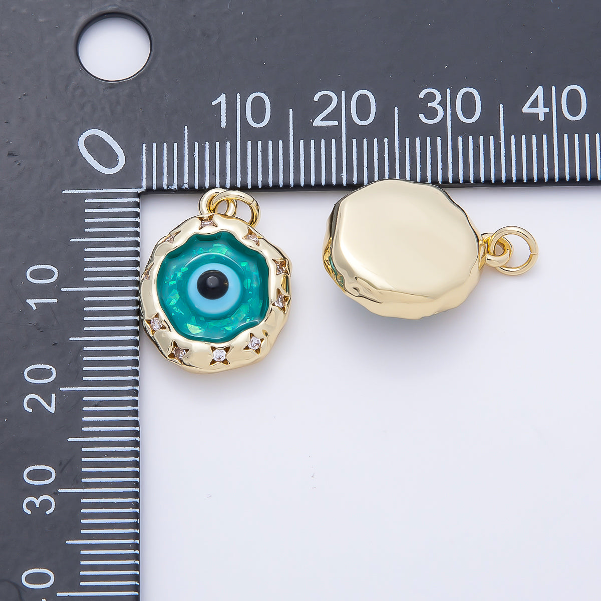 16K Gold Filled 18mm Teal Opal Clear CZ Star Dotted Molten Bezel Evil Eye Round Charm | Charms-01248