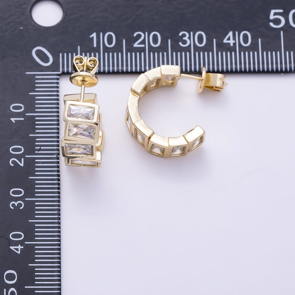 14K Gold Filled 21mm Clear CZ Baguette Bezel C-Shaped Hoop Earrings | Earrings-01144