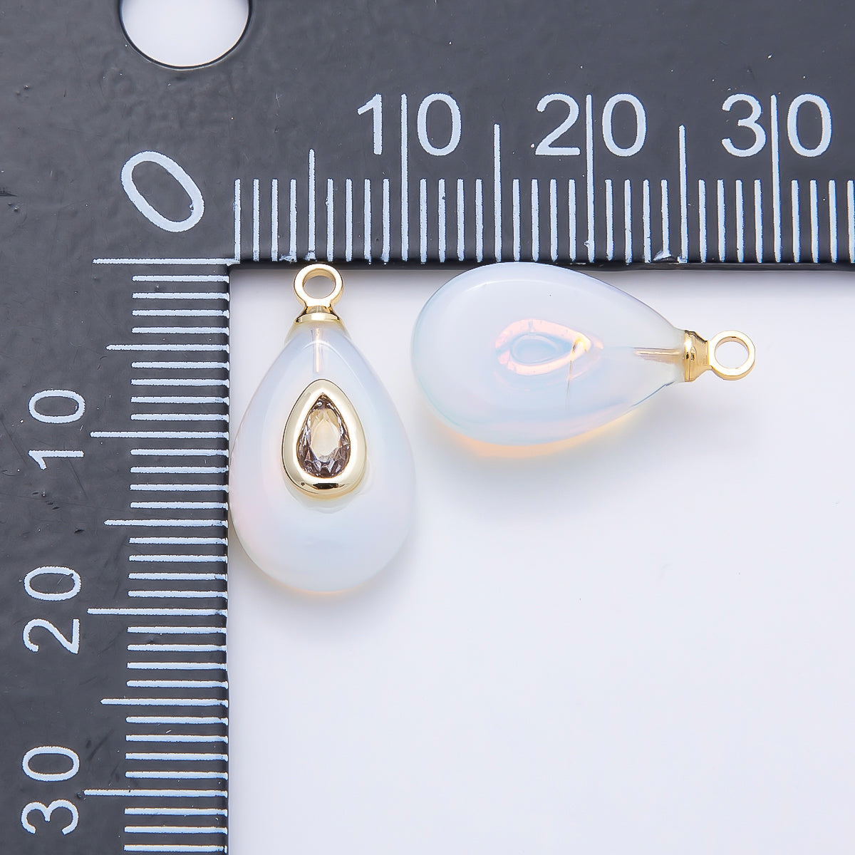 16K Gold Filled 18mm Clear CZ Embedded White Opal Gemstone Teardrop Charm | Charms-01203