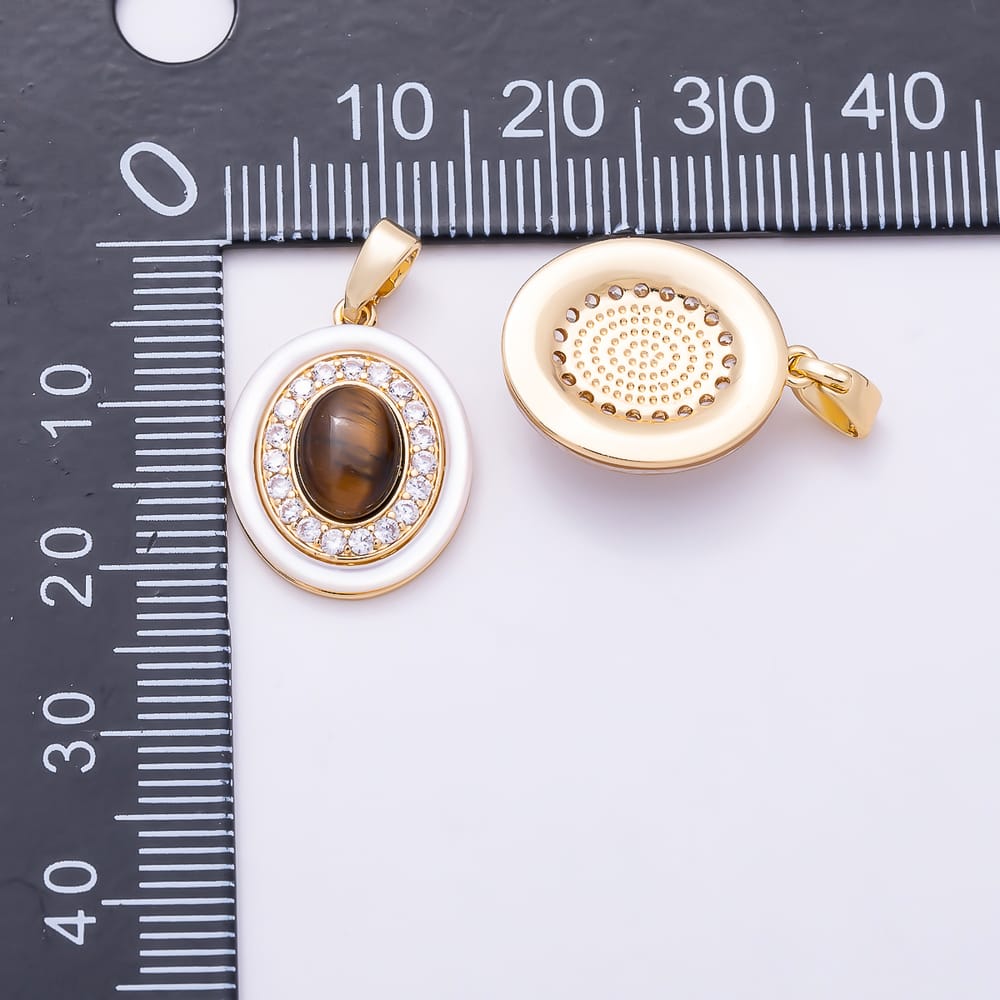 16K Gold Filled 18mm Micro Paved CZ Shell Pearl Tiger Eye Cabochon Gemstone Oval Pendant in Gold & Silver | Charms-02329 Charms-02330