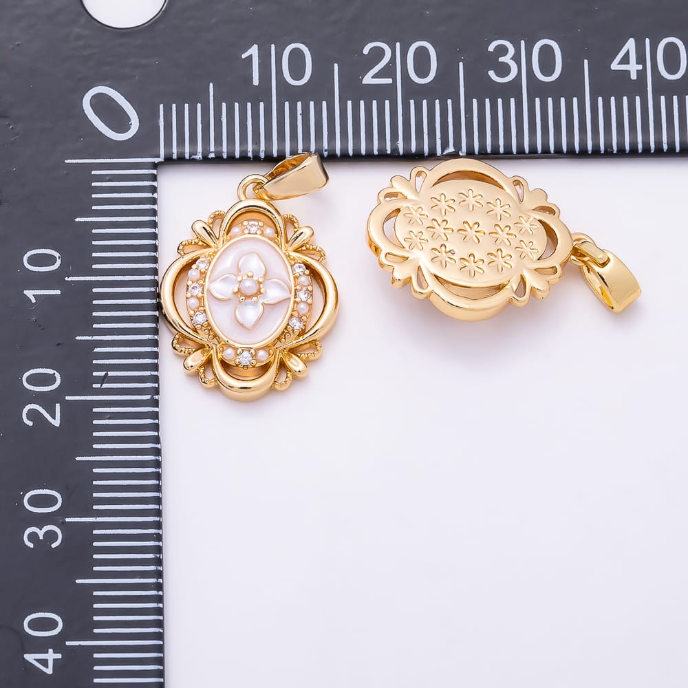 16K Gold Filled 18mm Clear CZ White Enamel Shell Pearl Flower Oval Artisan Pendant in Gold & Silver | Charms-02331 Charms-02332