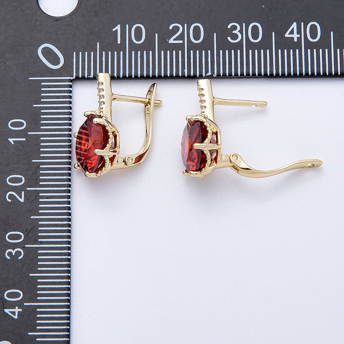 14K Gold Filled 18.5mm Red CZ Micro Paved CZ English Lock Hoop Earrings | Earrings-00176