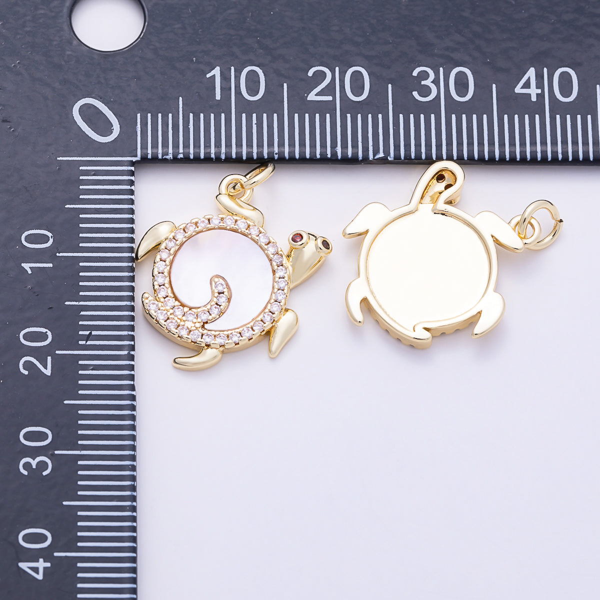 16K Gold Filled 19mm Clear Micro Paved CZ Mother of Pearl Sea Turtle Charm | Charms-02037 - Charms-02038