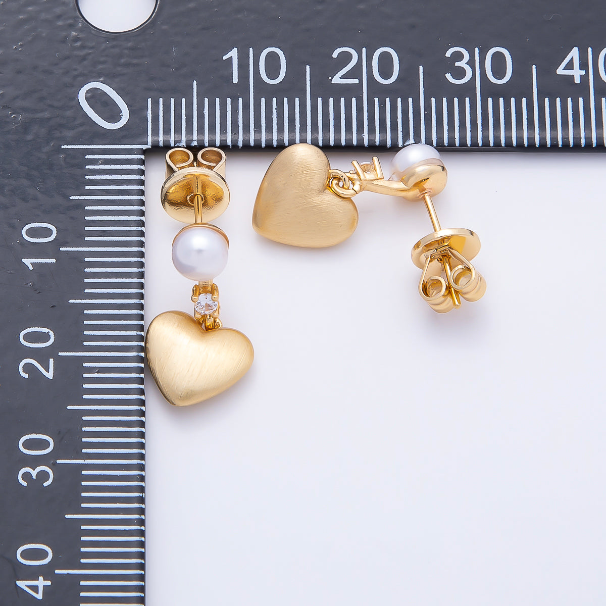 18K Gold Filled 19mm Clear CZ Shell Pearl Heart Drop Stud Earrings | Earrings-00429