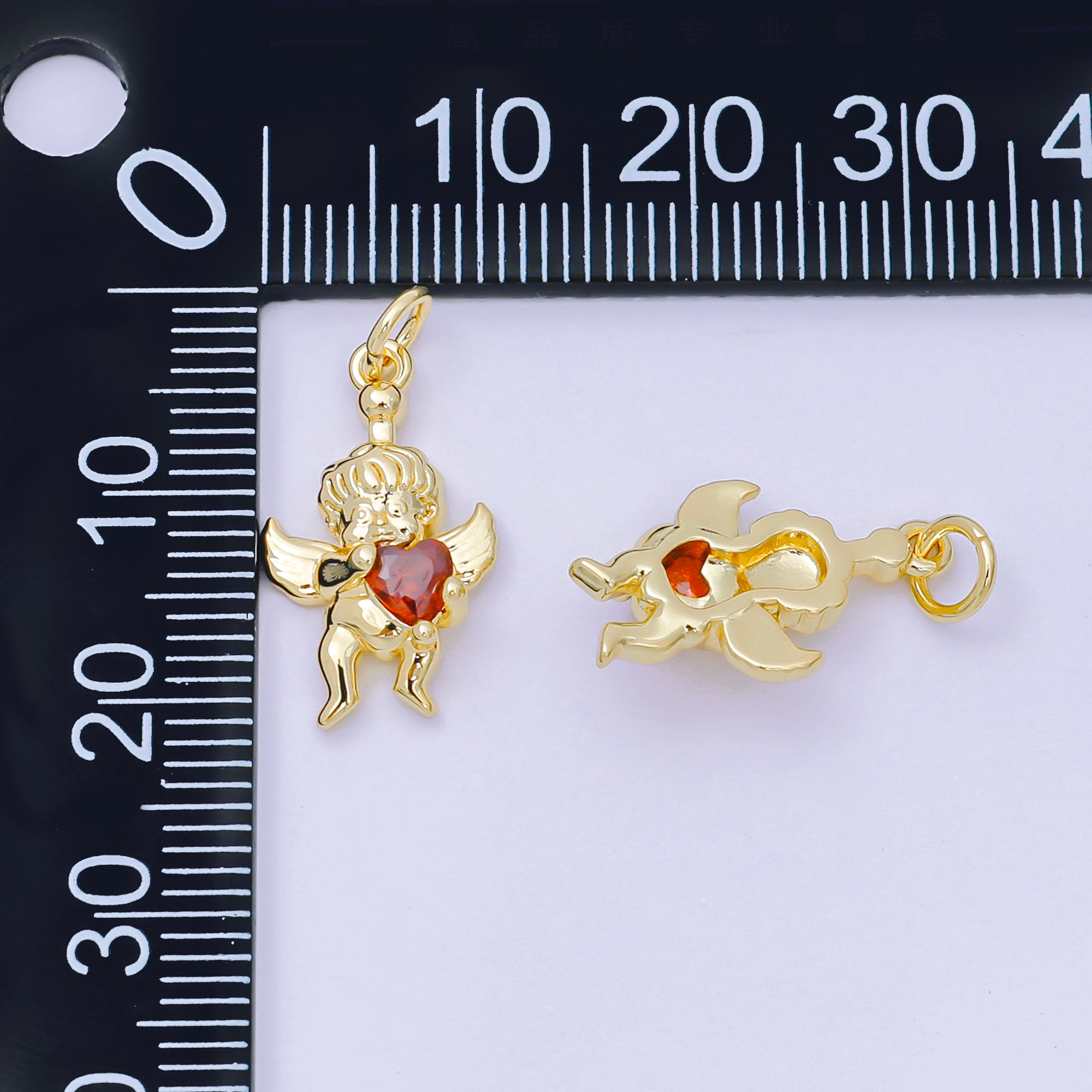 24K Gold Filled 19mm Red Heart-Shaped CZ Baby Cupid Angel with Love Charm | D-156