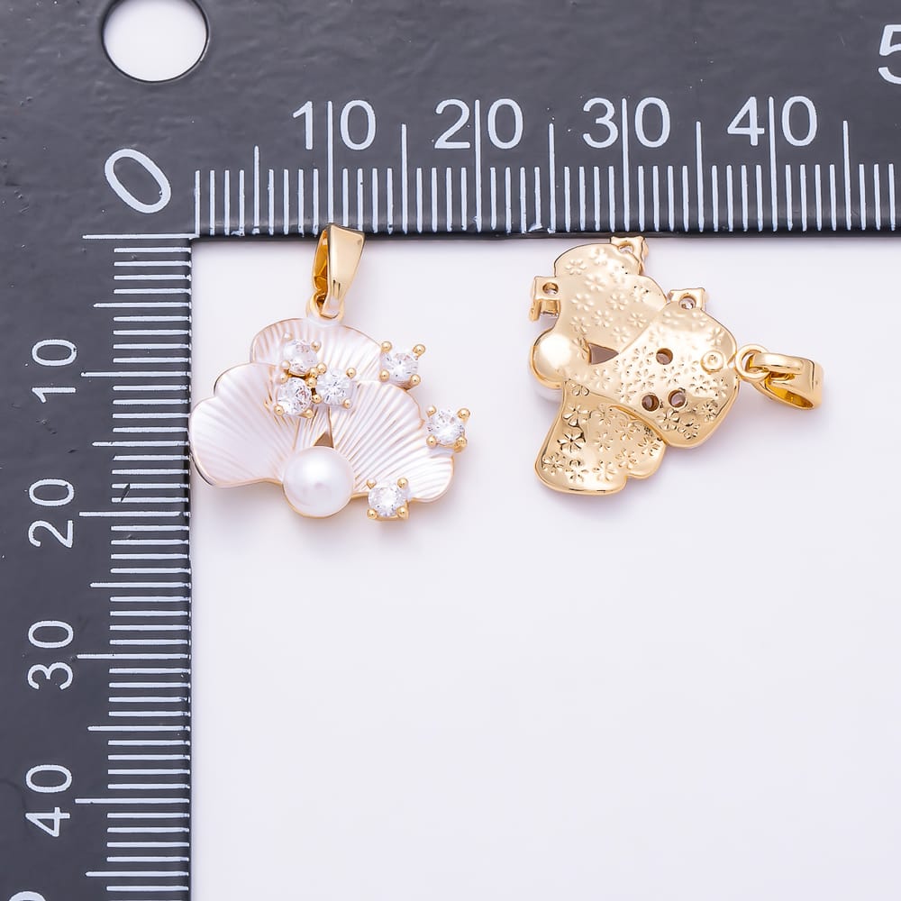 16K Gold Filled 19mm Clear CZ Cluster Shell Pearl White Enamel Ginkgo Leaf Pendant in Gold & Silver | Charms-02365 Charms-02366