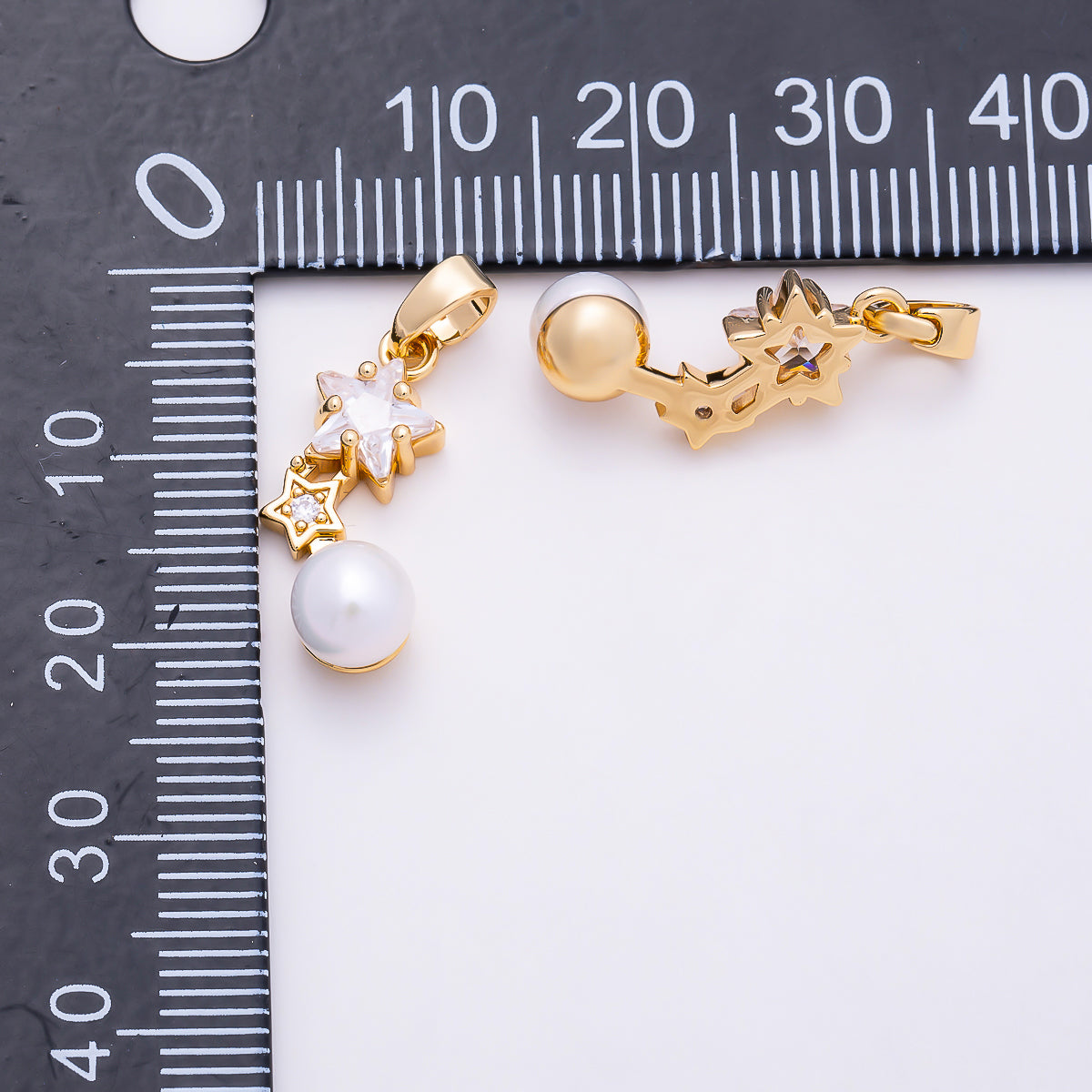 16K Gold Filled 19mm Double Star CZ & Shell Pearl Drop Pendant | Charms-01678 - Charms-01679