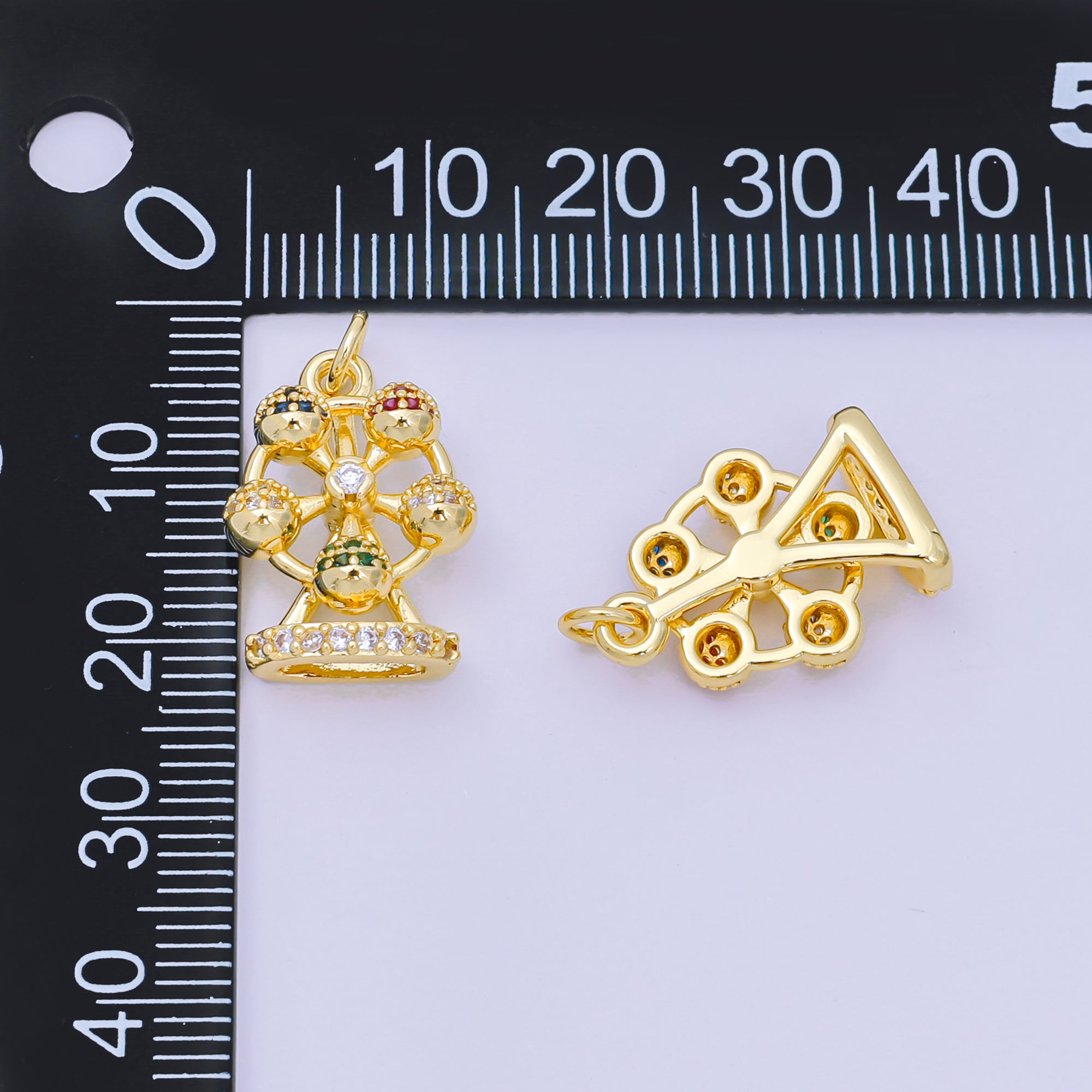 24K Gold Filled 19mm Emerald Green, Blue & Purple CZ Ferris Wheel Carnival Park Charm | D-253