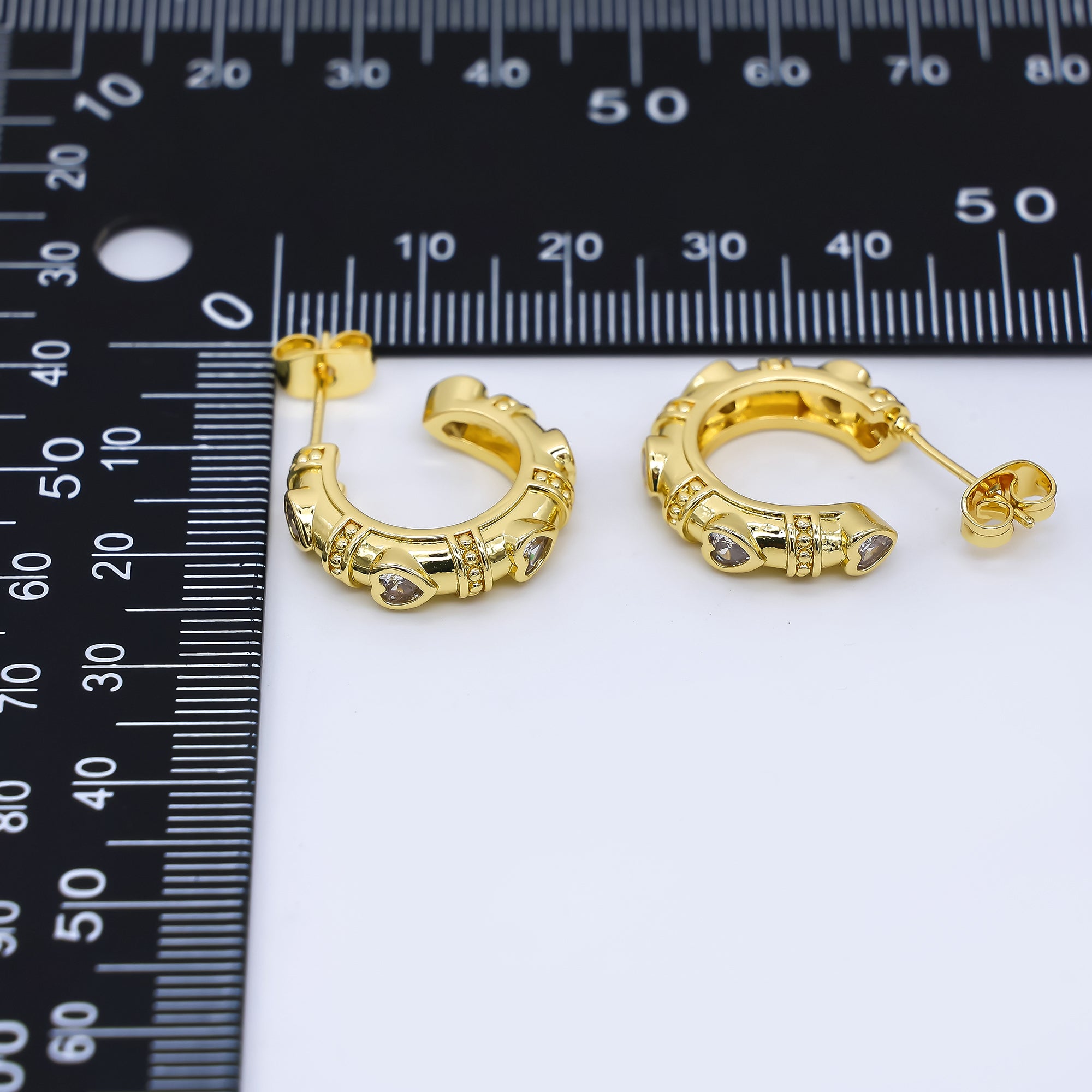 24K Gold Filled 19mm Heart CZ Dotted C-Shaped Hoop Earrings | AI490