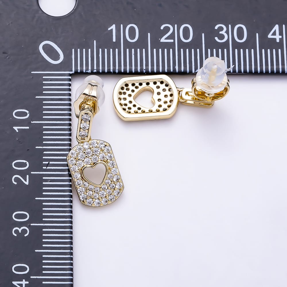14K Gold Filled 19mm Open Heart Micro Paved CZ Tag  Rectangle Drop Stud | Earrings-01110