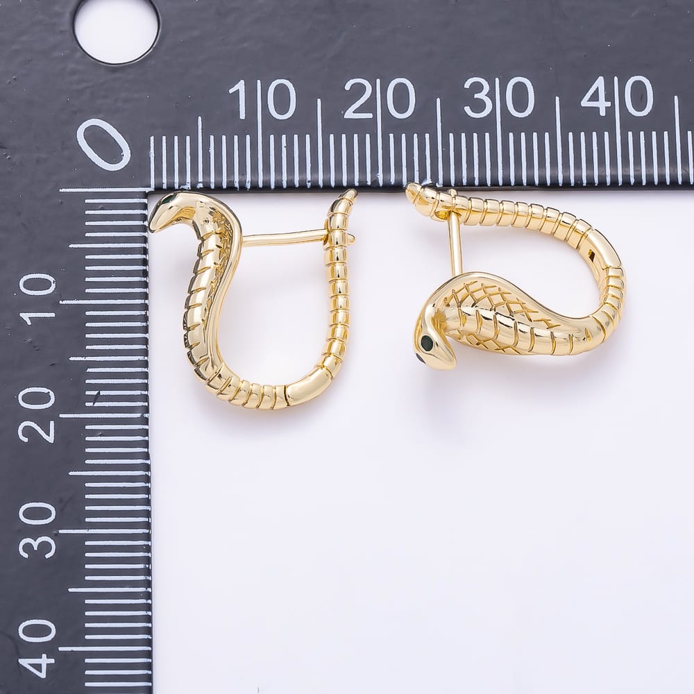 16K Gold Filled 19mm Green CZ Eyes Textured Snake Huggie Hoop Earrings| Earrings-00955 - Earrings-00956