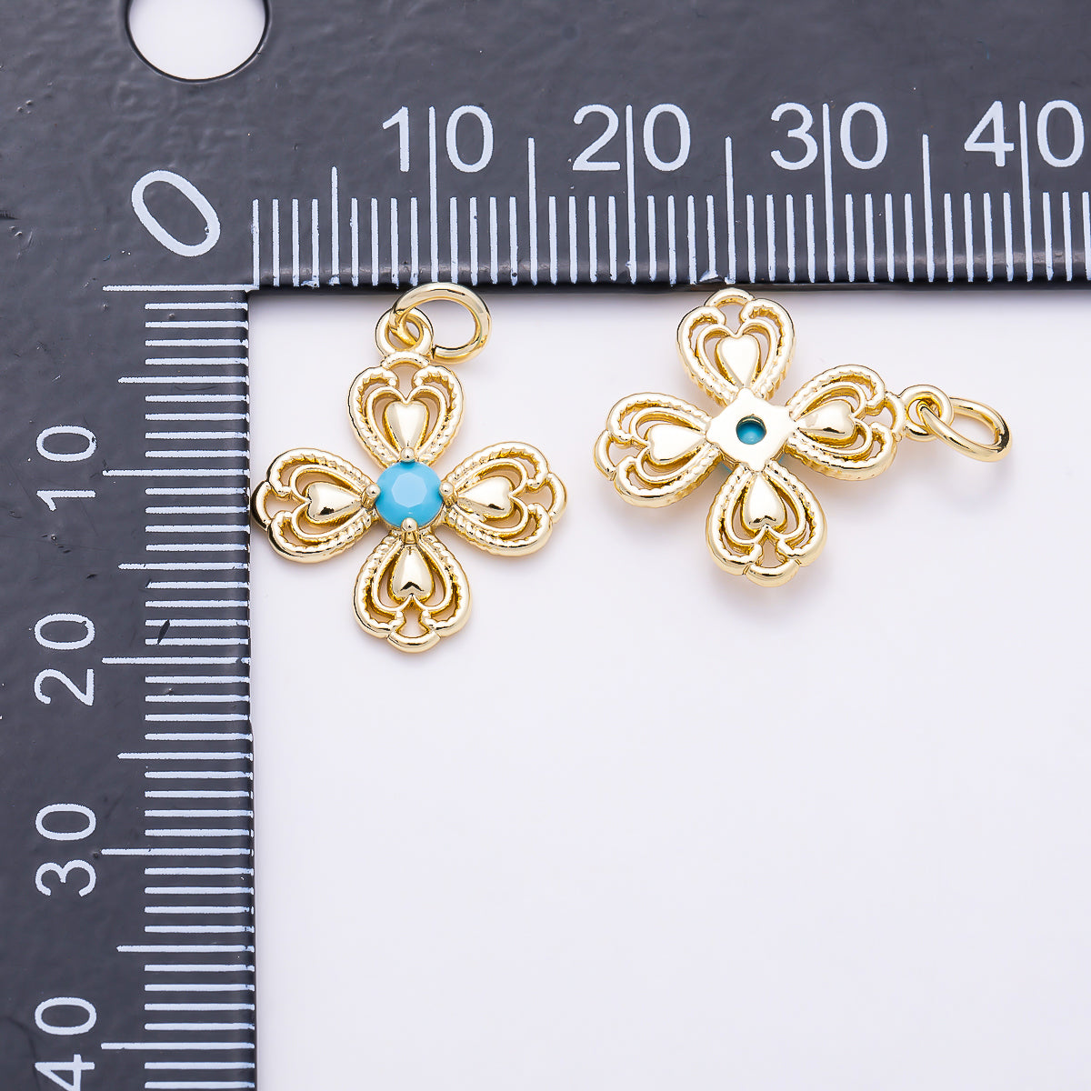 16K Gold Filled 18mm Turquoise CZ Vintage Filigree Four Leaf Lucky Clover Charm in Gold & Silver | Charms-01869 - Charms-01870