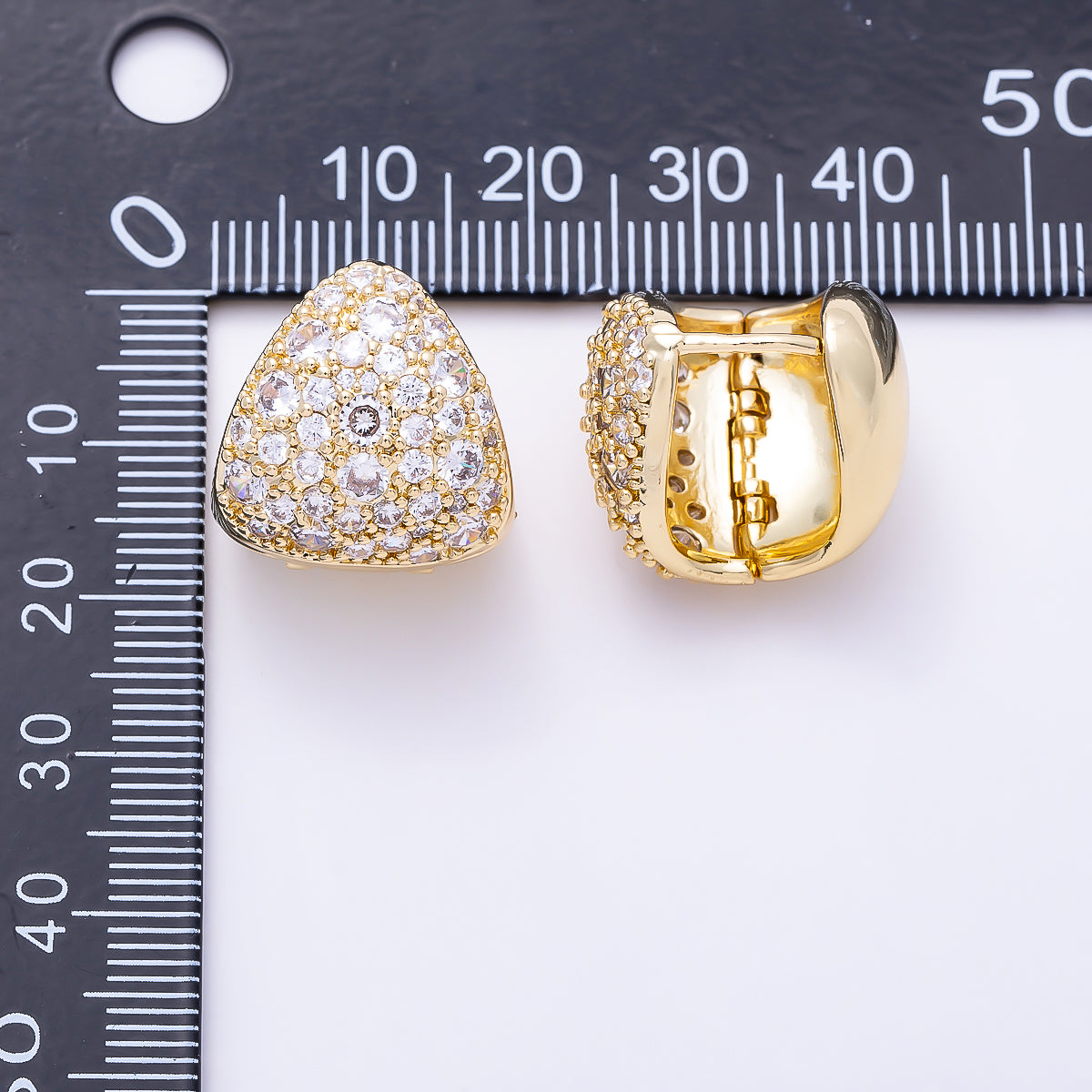 16K Gold Filled 19mm Micro Paved CZ Chunky Triangular Huggie Hoop Earrings | Earrings-00803