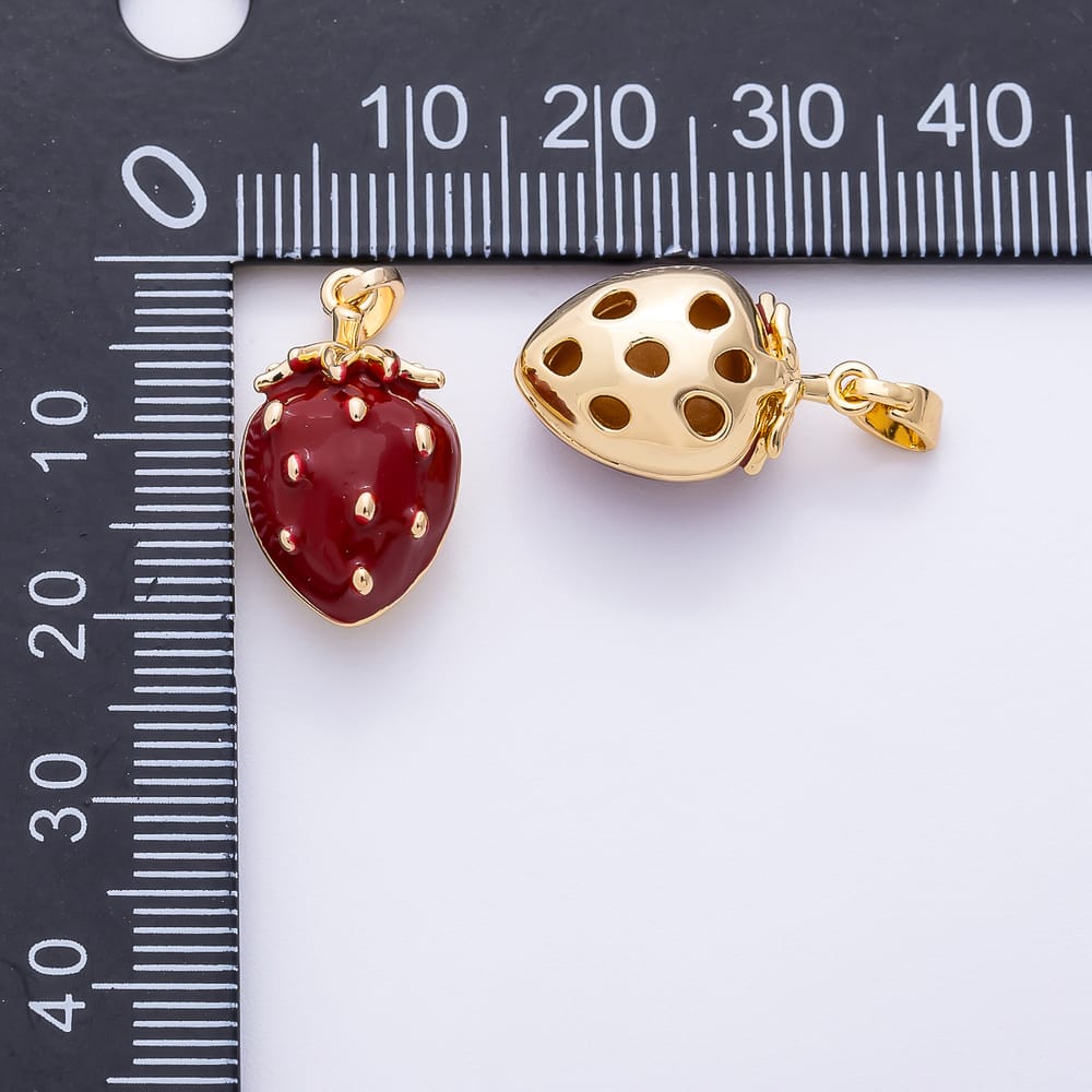 16K Gold Filled 19mm Red Enamel Strawberry Fruit 3D Multidimensional Pendant | Charms-02457 Charms-02458