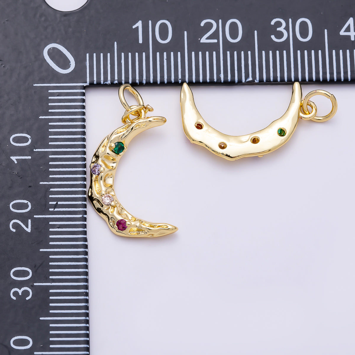 16K Gold Filled 19mm Multicolor CZ Dotted Hammered Celestial Crescent Moon Charm | Charms-01487