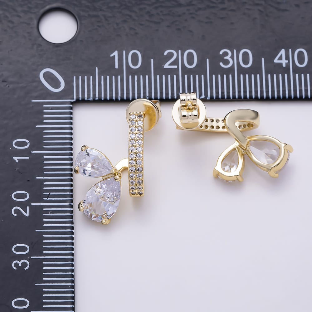 16K Gold Filled 19mm Micro Paved CZ Bar Double Pear Cut Drop C Hoops Earrings | Earrings-00951