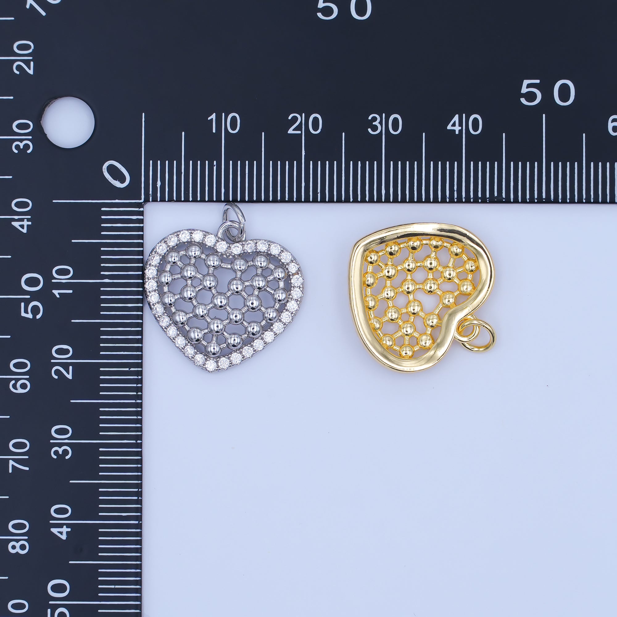 24K Gold Filled Open Bead Bar Heart Micro Paved CZ Charm in Gold & Silver | AJ289