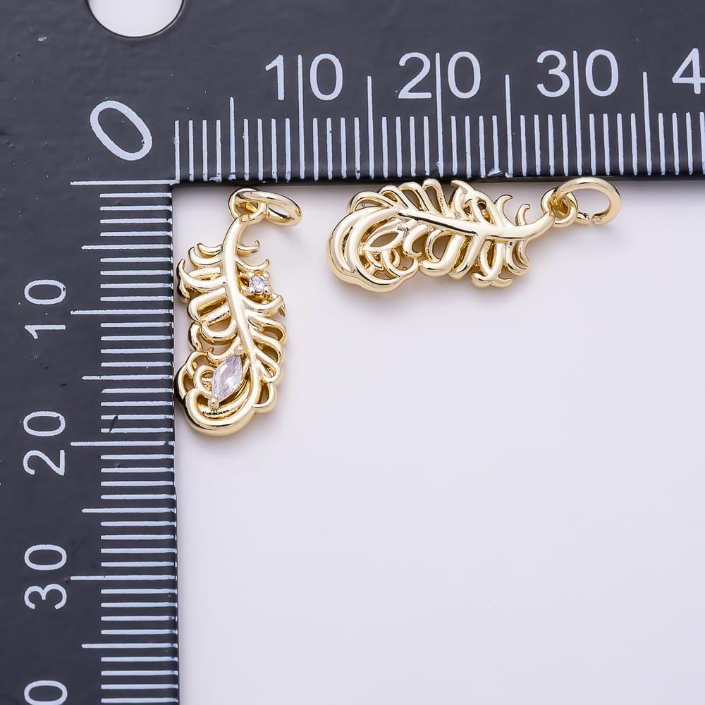 16K Gold Filled 19mm Clear CZ Curved Feather Marquise Charm | Charms-02115 - Charms-02116