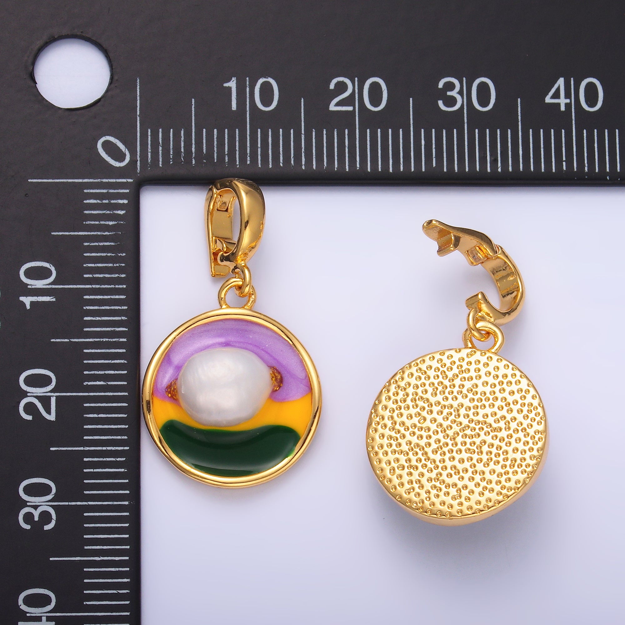 24K Gold Filled Pearl Colorful Artsy Coin Charm with Snap Bail Pendant | AA-1469