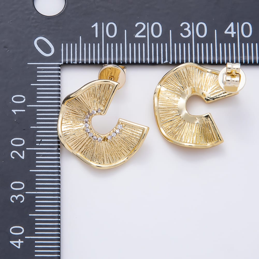 16K Gold Filled 20mm Clear CZ Radiant Sunburst Textured Fan Stud Earrings| Earrings-00813