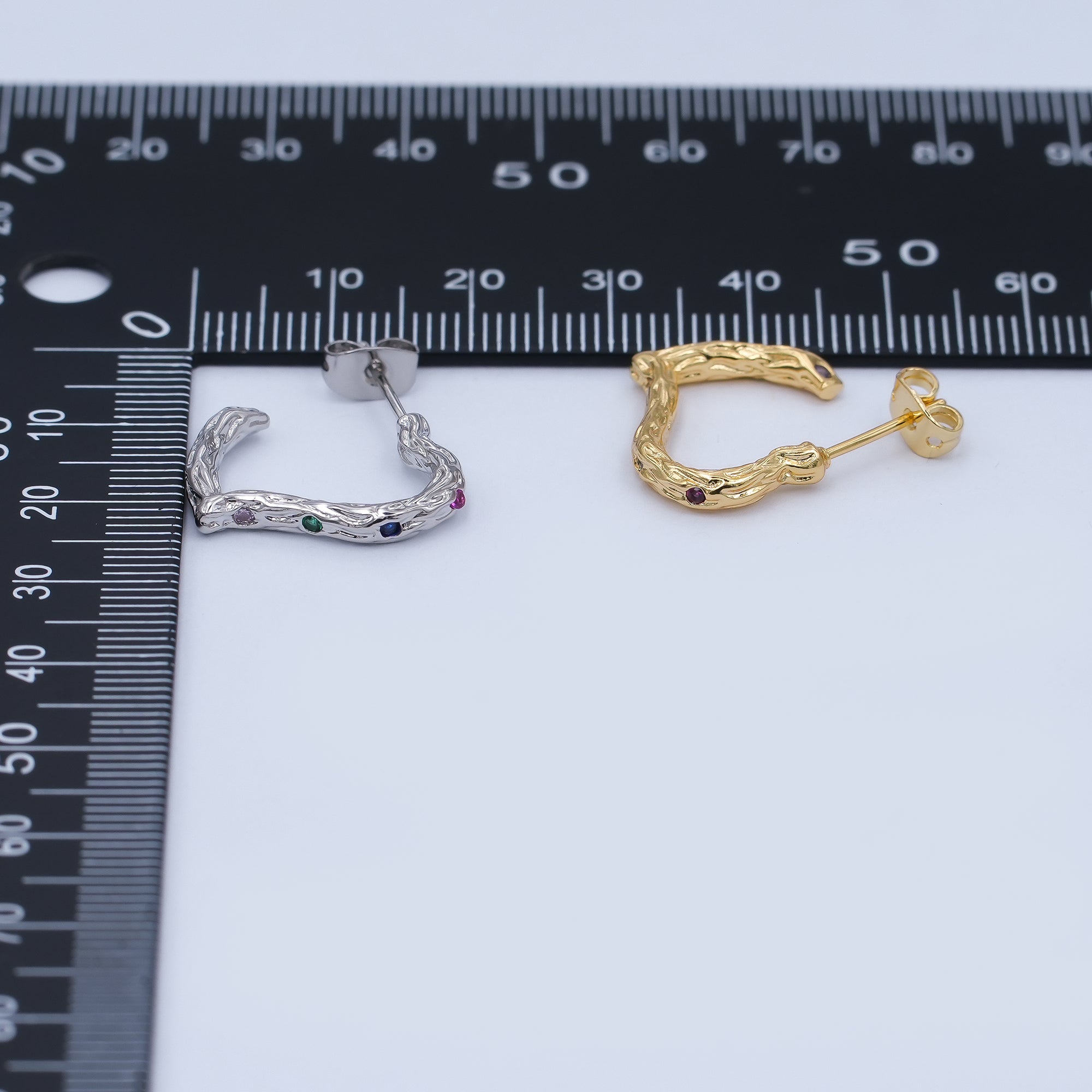 24K Gold Filled Multicolor CZ Hammered J-Shaped Hoop Earrings | AI470 AI493