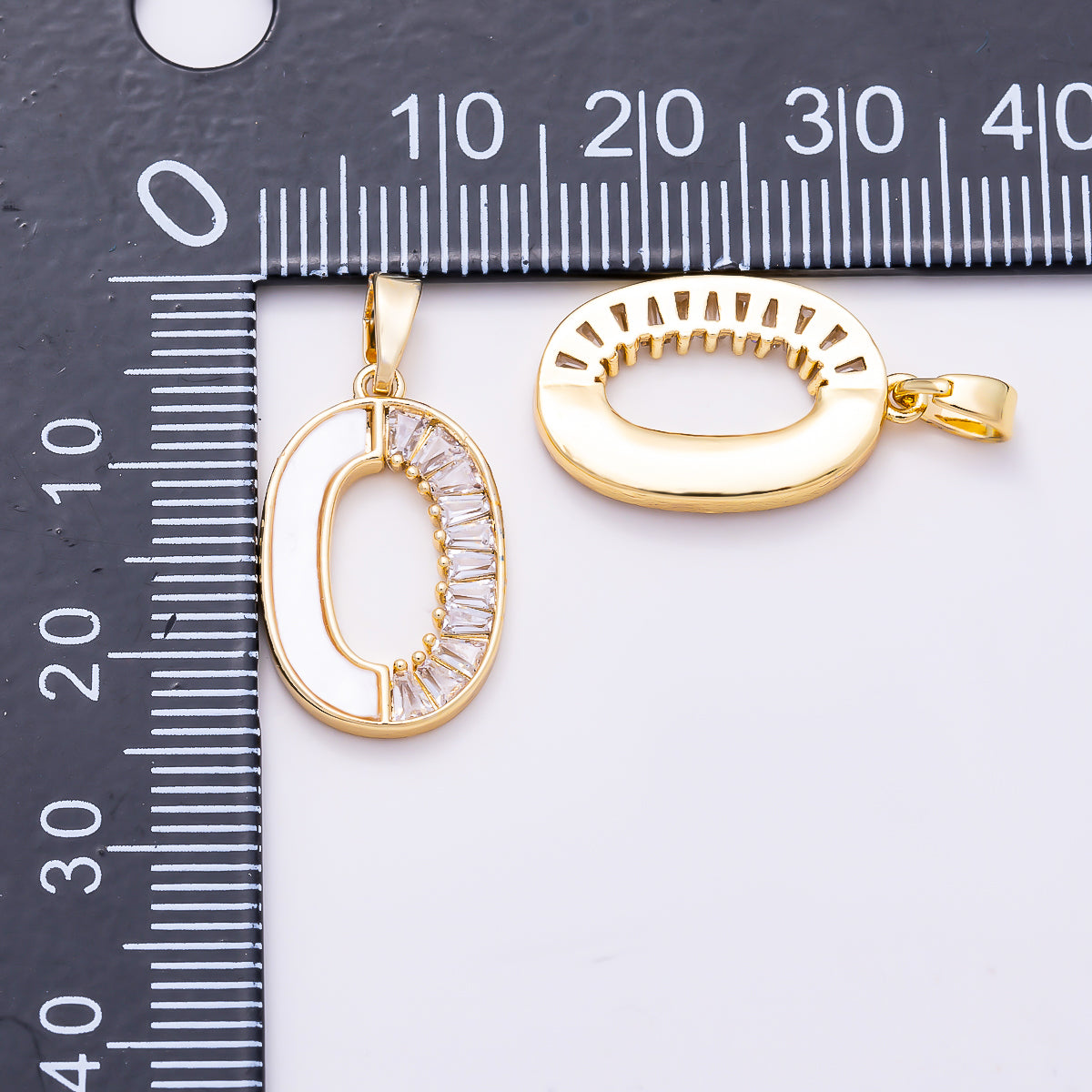 16K Gold Filled 19mm Letter O Shell Pearl & Baguette CZ Initial Pendant | Charms-01894