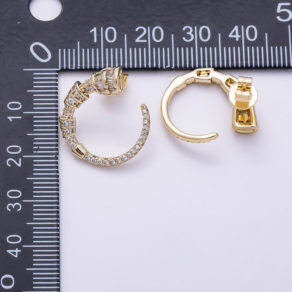 14K Gold Filled 20mm Baguette Micro Paved CZ Geometric Curved Circular Stud Earrings | Earrings-00909