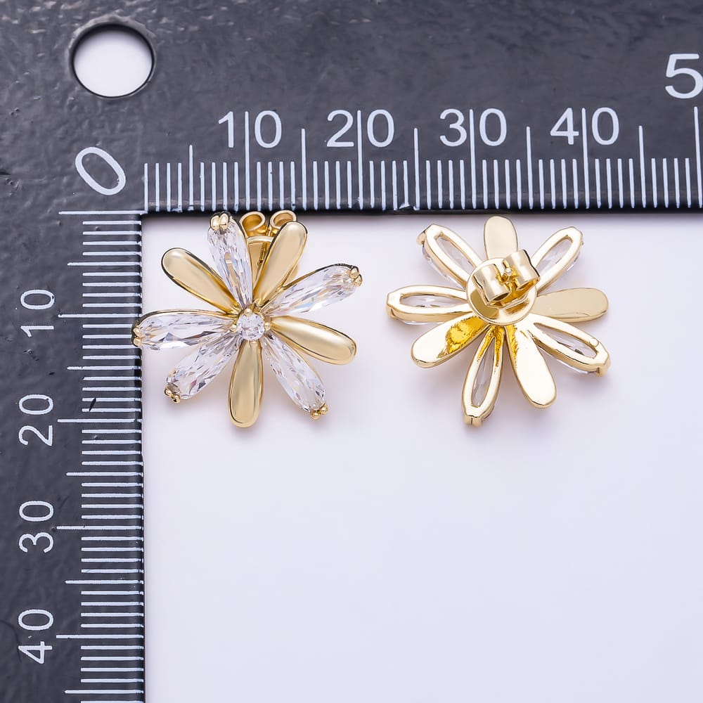 16K Gold Filled 19mm Marquise CZ & Smooth Petal Flower Stud Earrings in Gold & Silver | Earrings-00890 - Earrings-00891