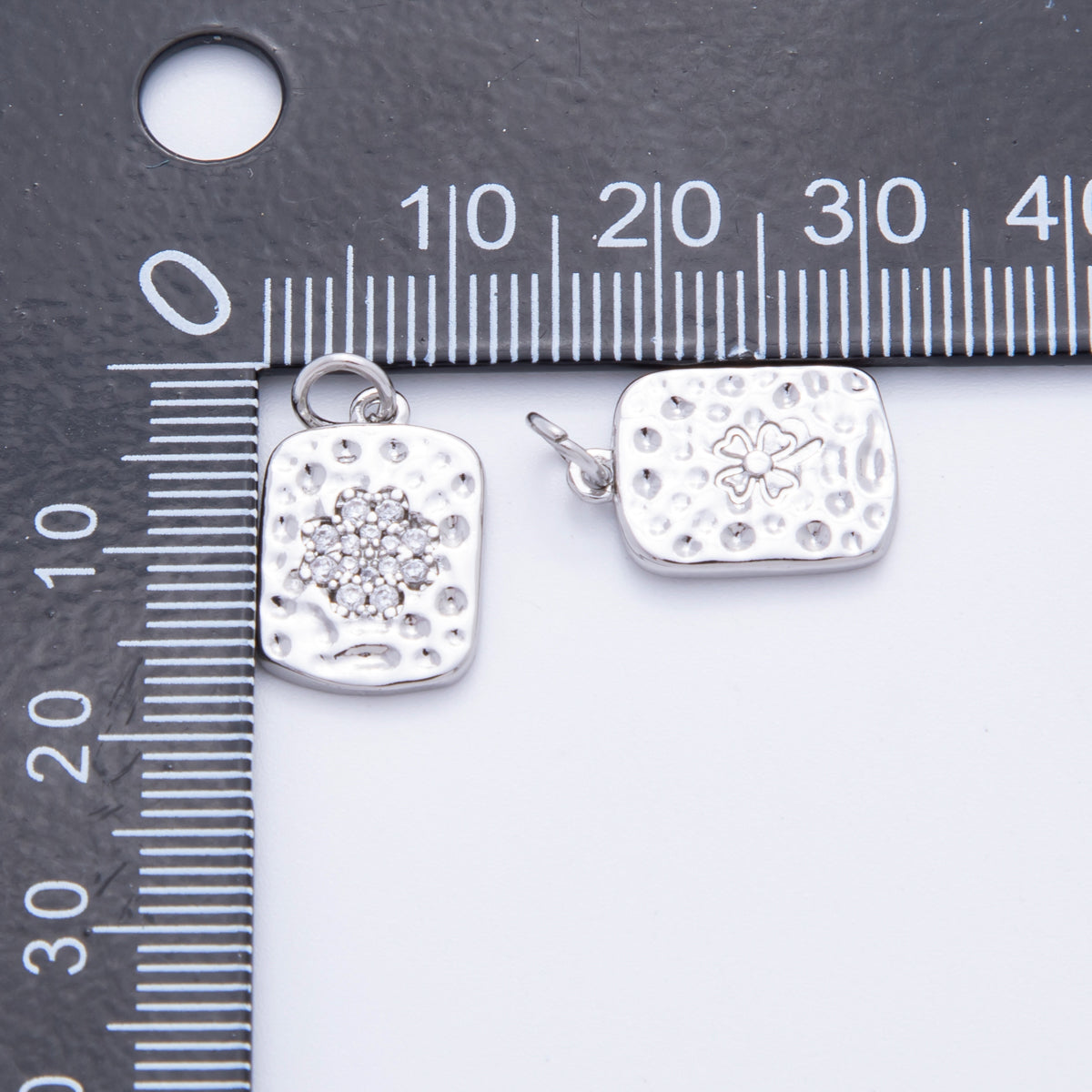 18K Gold Filled Micro Paved CZ Hammered Rectangular Tag Charm in Gold & Silver | E727