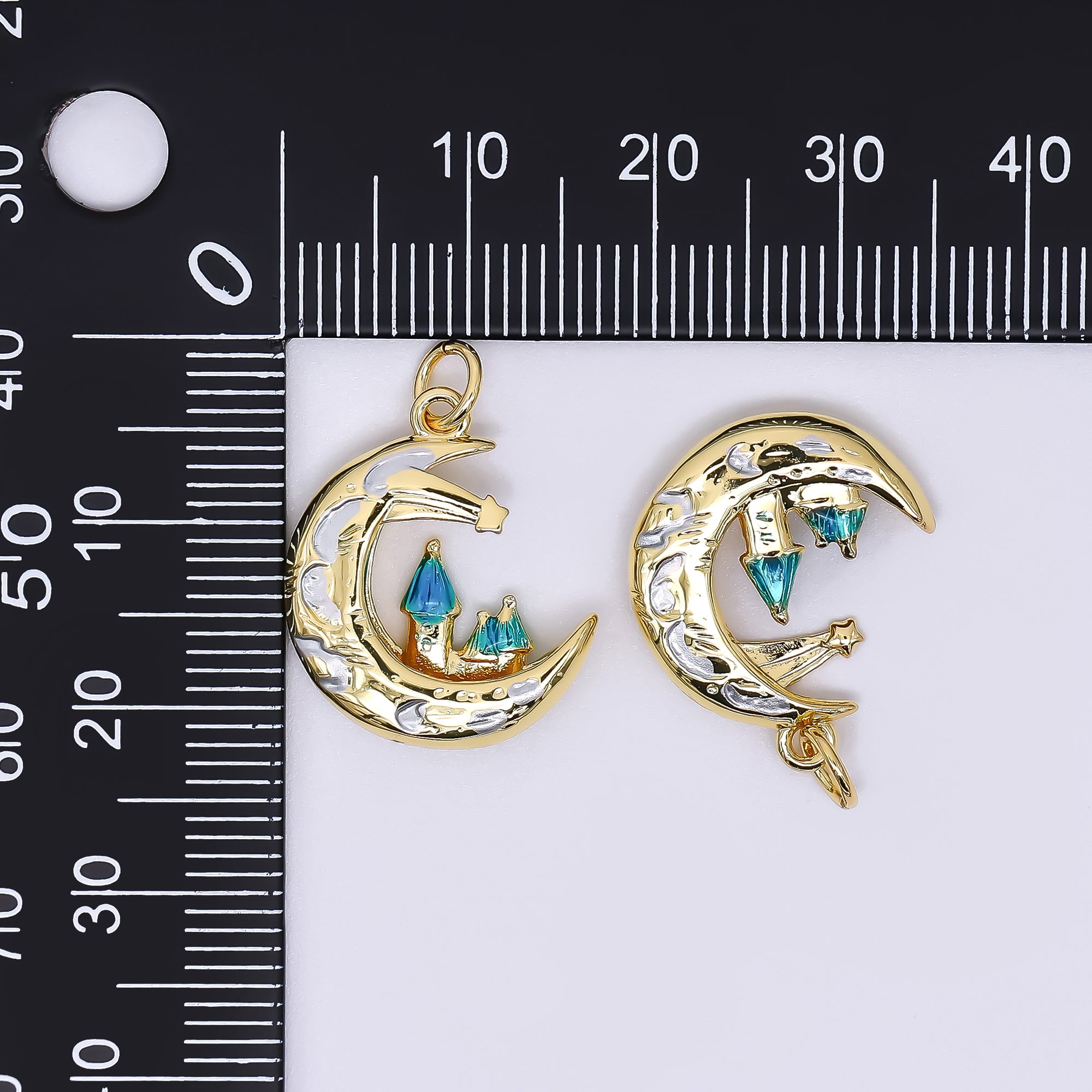 24K Gold Filled 19.5mm Enamel Art Crescent Moon Shooting Star Fantasy City Charm | AF-519