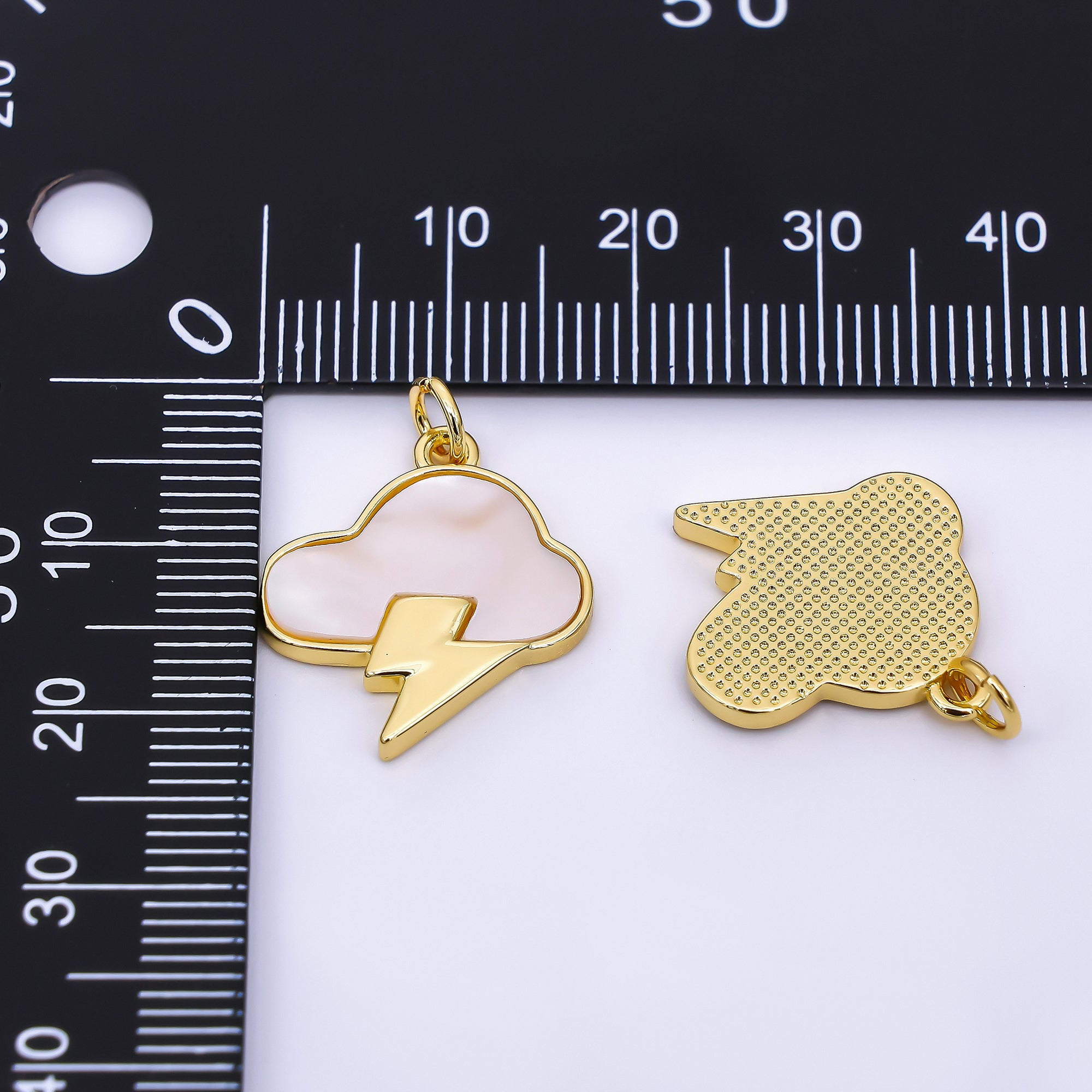 24K Gold Filled 19.5mm White Enamel Art Thunderstorm Cloud and Lightning Charm | AH-565