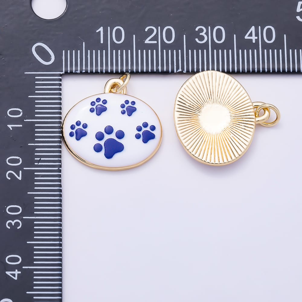 16K Gold Filled 19mm White Blue Enamel Animal Paw Print Bezel Oval Charm | Charms-02372