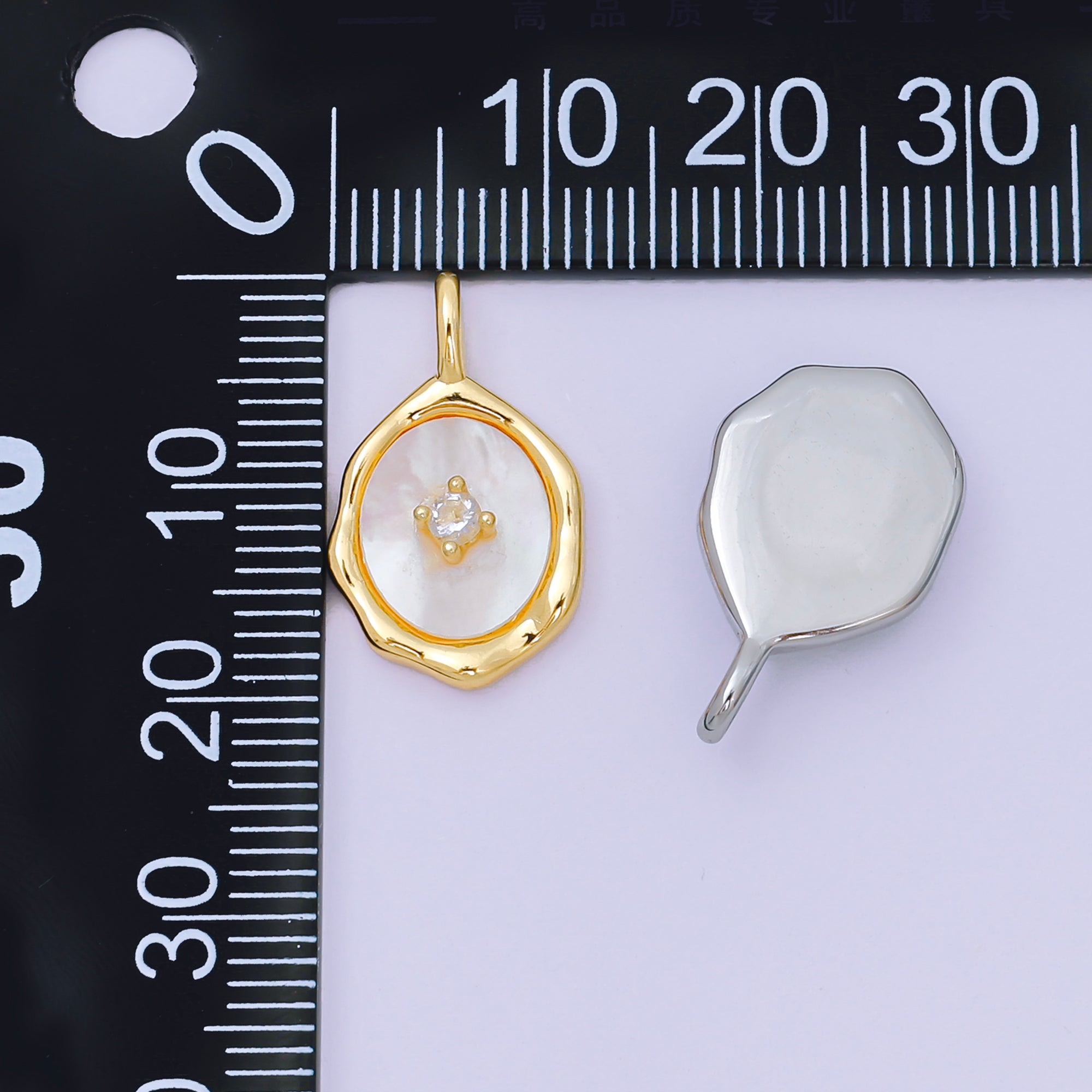 24K Gold Filled 20mm Round CZ Shell Pearl Abstract Mirror Pendant in Gold & Silver | AA-1584