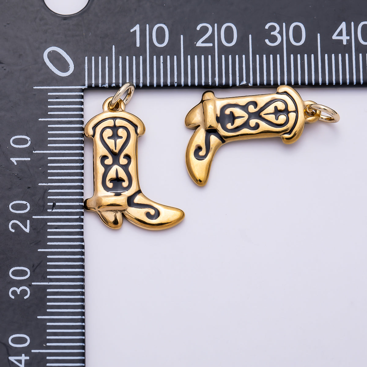 PVD Gold Stainless Steel 20mm Black Enamel Artisan Cowboy Boot Charm | Charms-01443