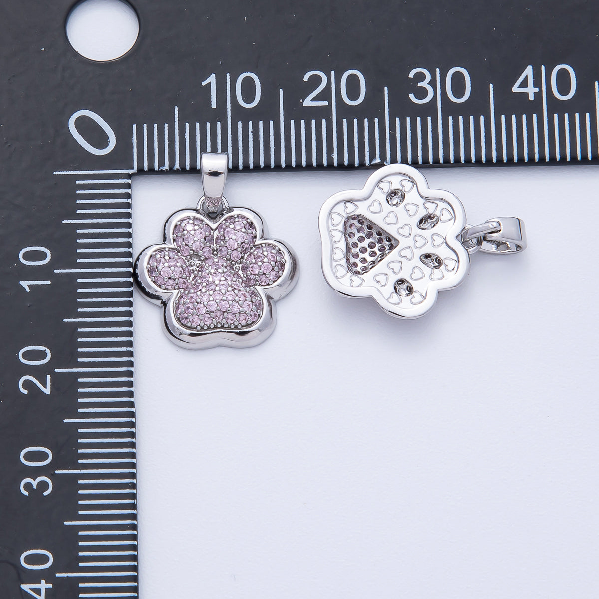Rhodium Plated Pink Micro Paved CZ Animal Paw Print Pendant | H048