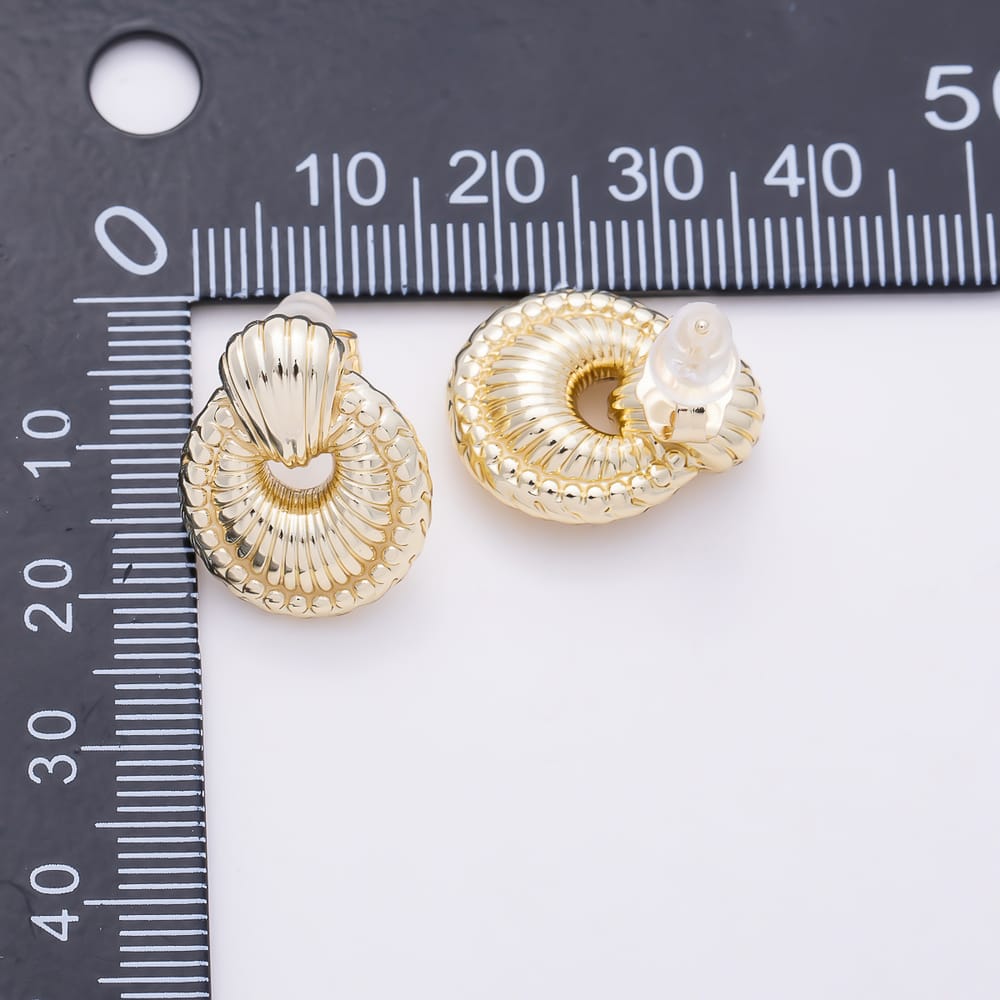 14K Gold Filled 20mm Ribbed Lined Circular Geometric Door Knocker Drop Stud Earrings | Earrings-01134